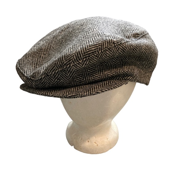 Other - Newsboy Flat Top Tweed Hat Snap Bill Cap Academic Gray Black Herringbone Onesize